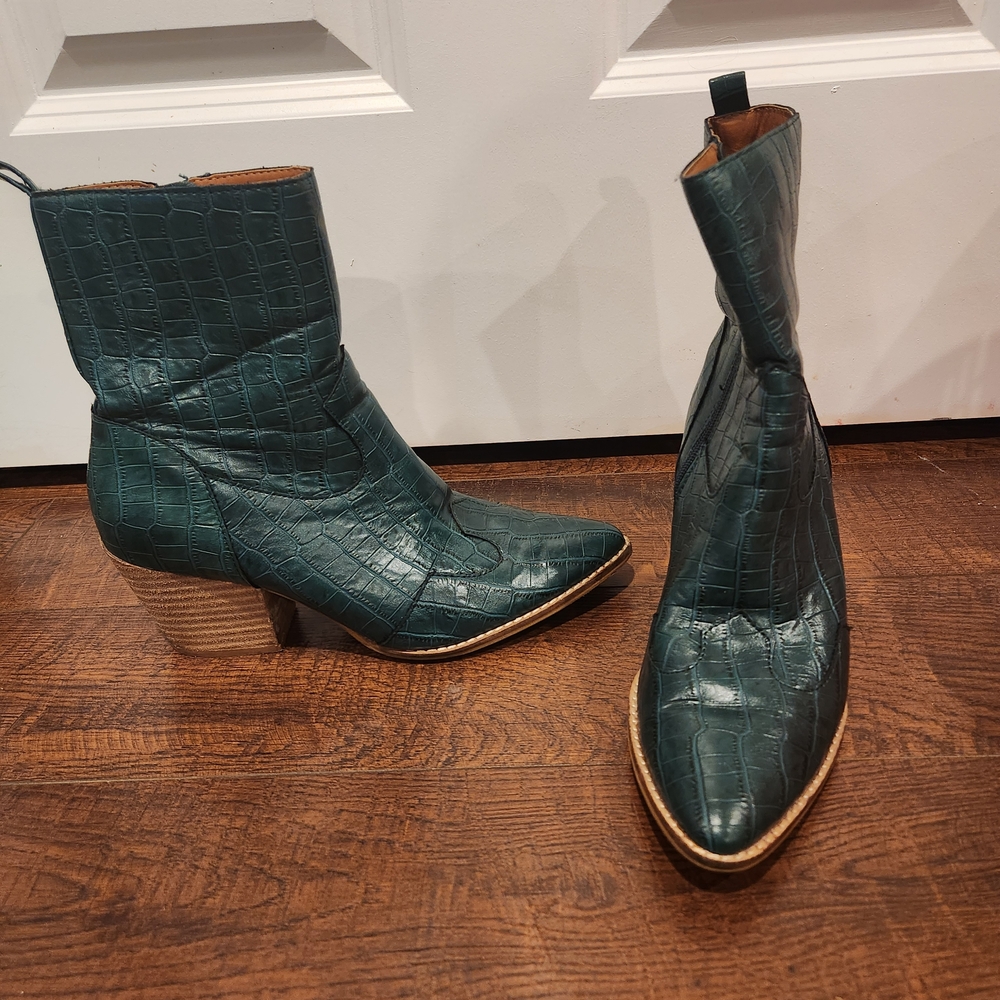 Green Croc-Embossed Ankle Boots